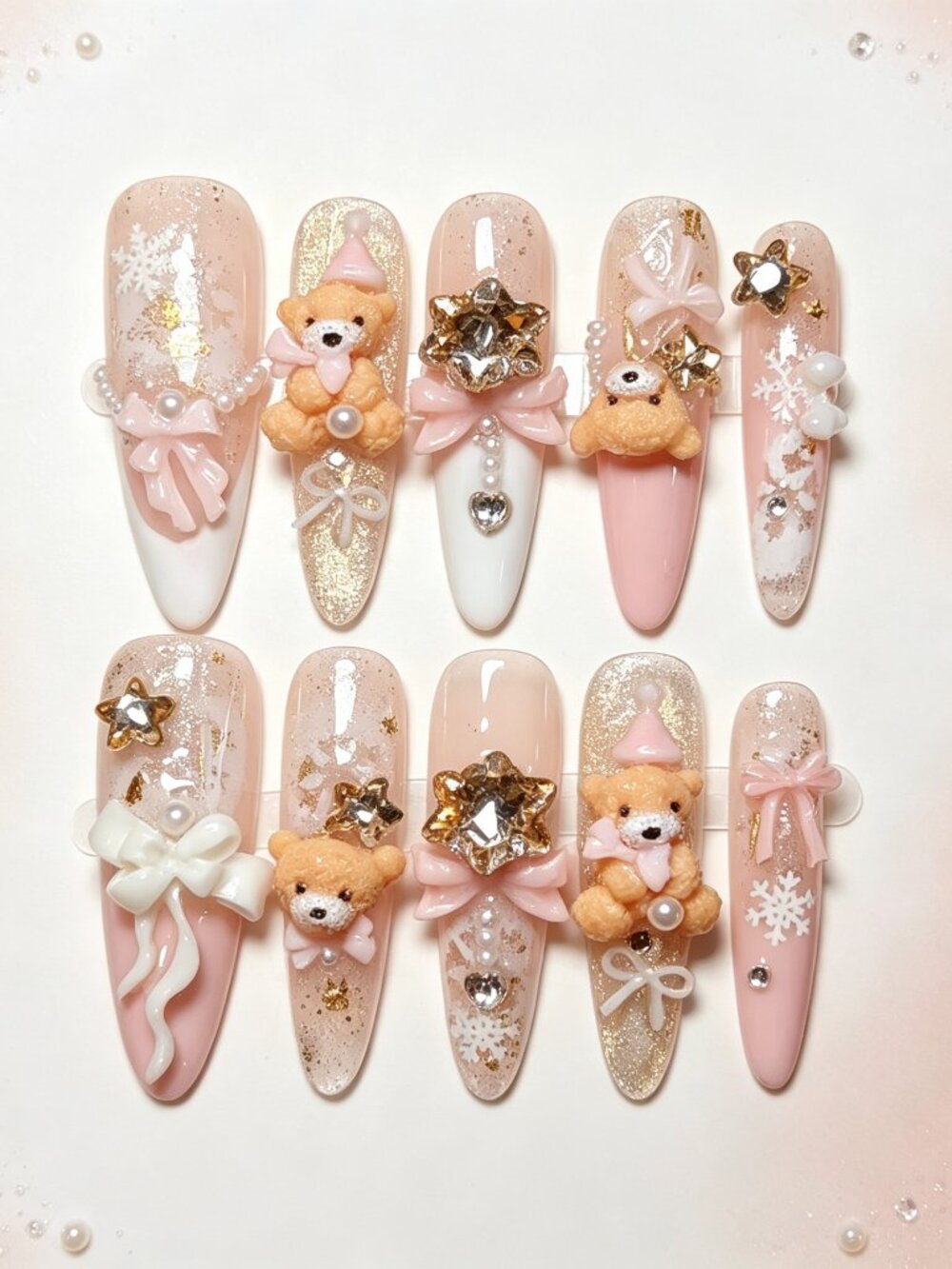Kawaii Christmas Press On Nails Long Almond Teddy Bear Bow Snowflake Rhinestones